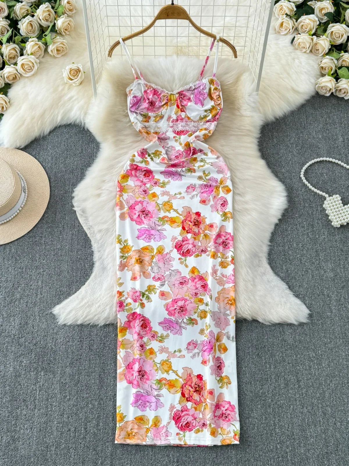 Ankle-Length Summer Dress with Lace – Spaghetti Strap, Slim Fit - Piña Colada