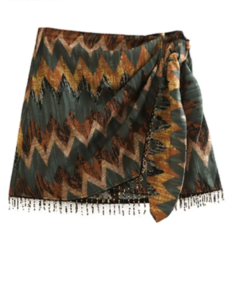 Vintage Geometric Print Knotted Mini Skirt - Piña Colada