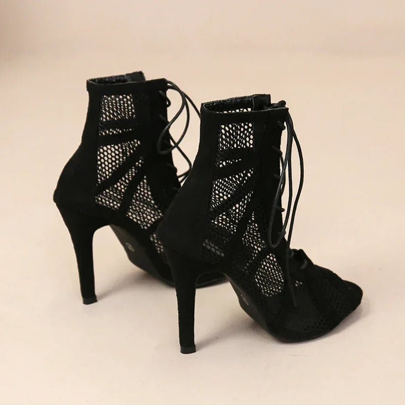 Black Mesh Peep Toe Sandals – Cross-Tied Ankle Strap Heels - Piña Colada