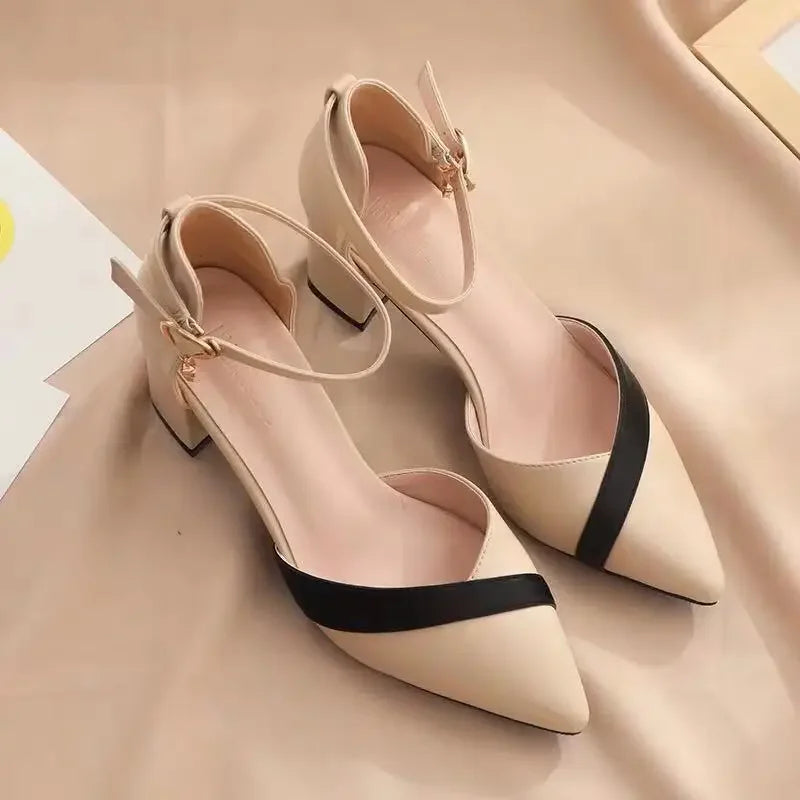 Square Heel Pointed Buckle PU Leather - Piña Colada