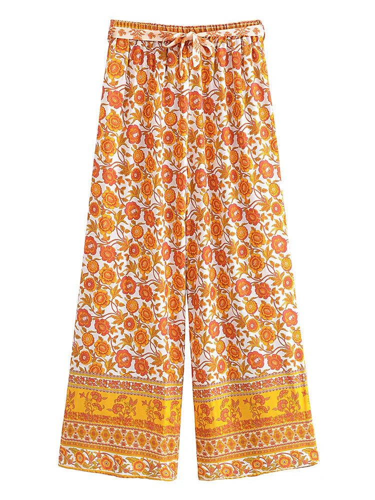 Floral Print Bohemian Wide Leg Pant - Piña Colada