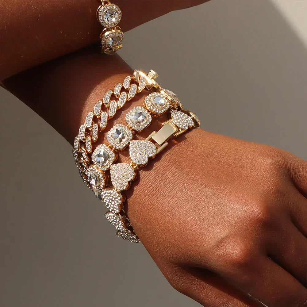 Iced Out Heart & Cuban Link Bracelet - Piña Colada