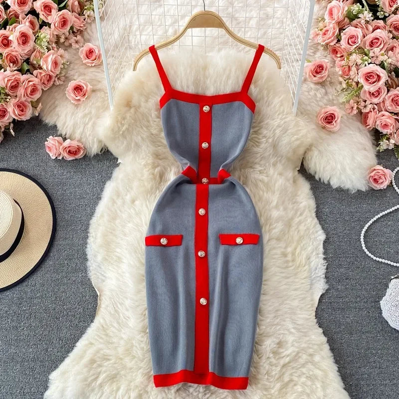 Patchwork Knit Mini Dress – Spaghetti Strap Streetwear - Piña Colada
