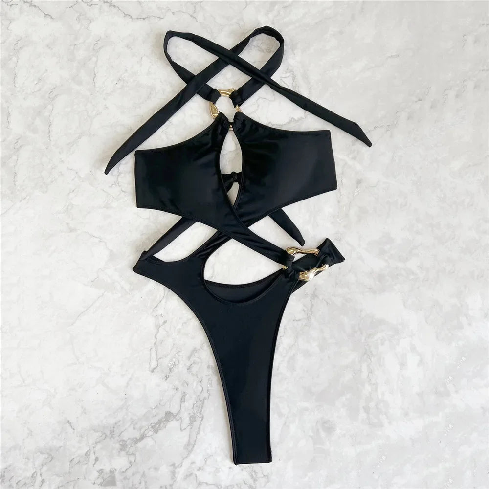 Adjustable Halter Monokini One Piece Swimsuit - Piña Colada