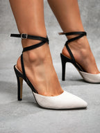 High Heel Canvas Slingback Pumps – Buckle Strap & Pointed Toe - Piña Colada