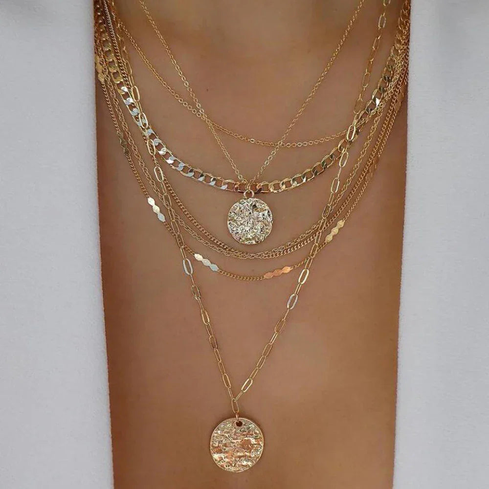 Boho Multi-Layer Gold Crystal Pendant Necklace Set - Piña Colada