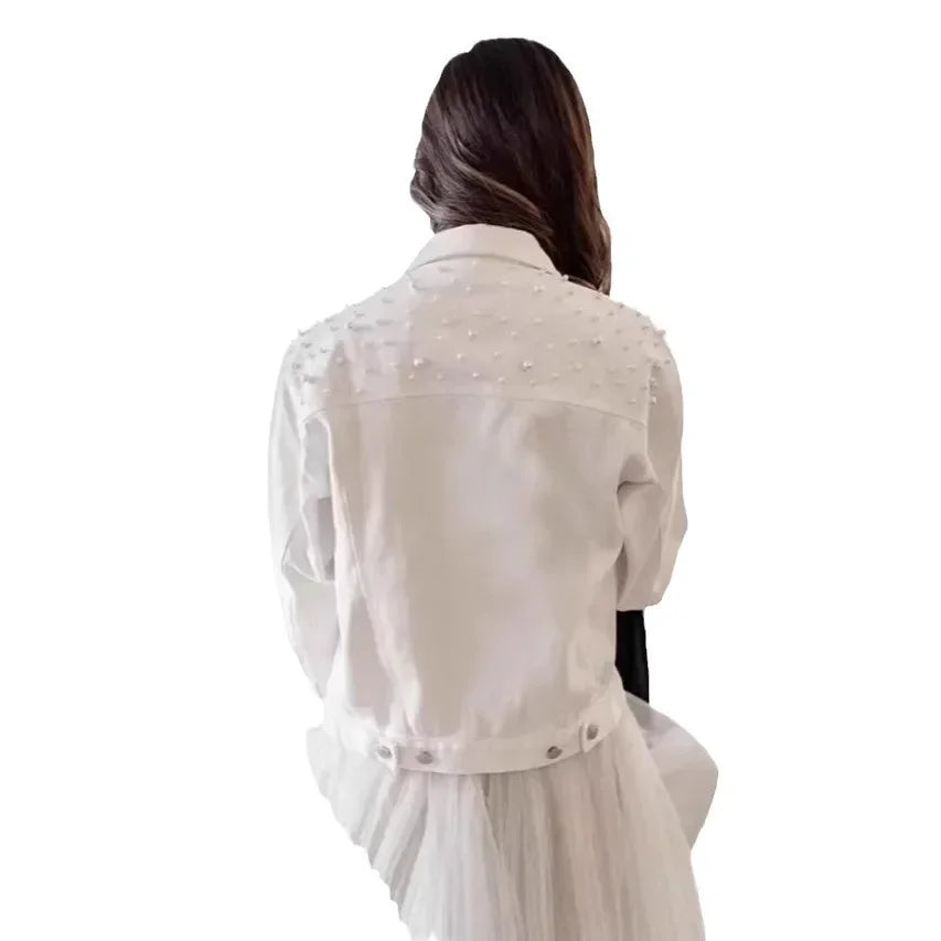Pearl Beaded Denim Jacket - Piña Colada