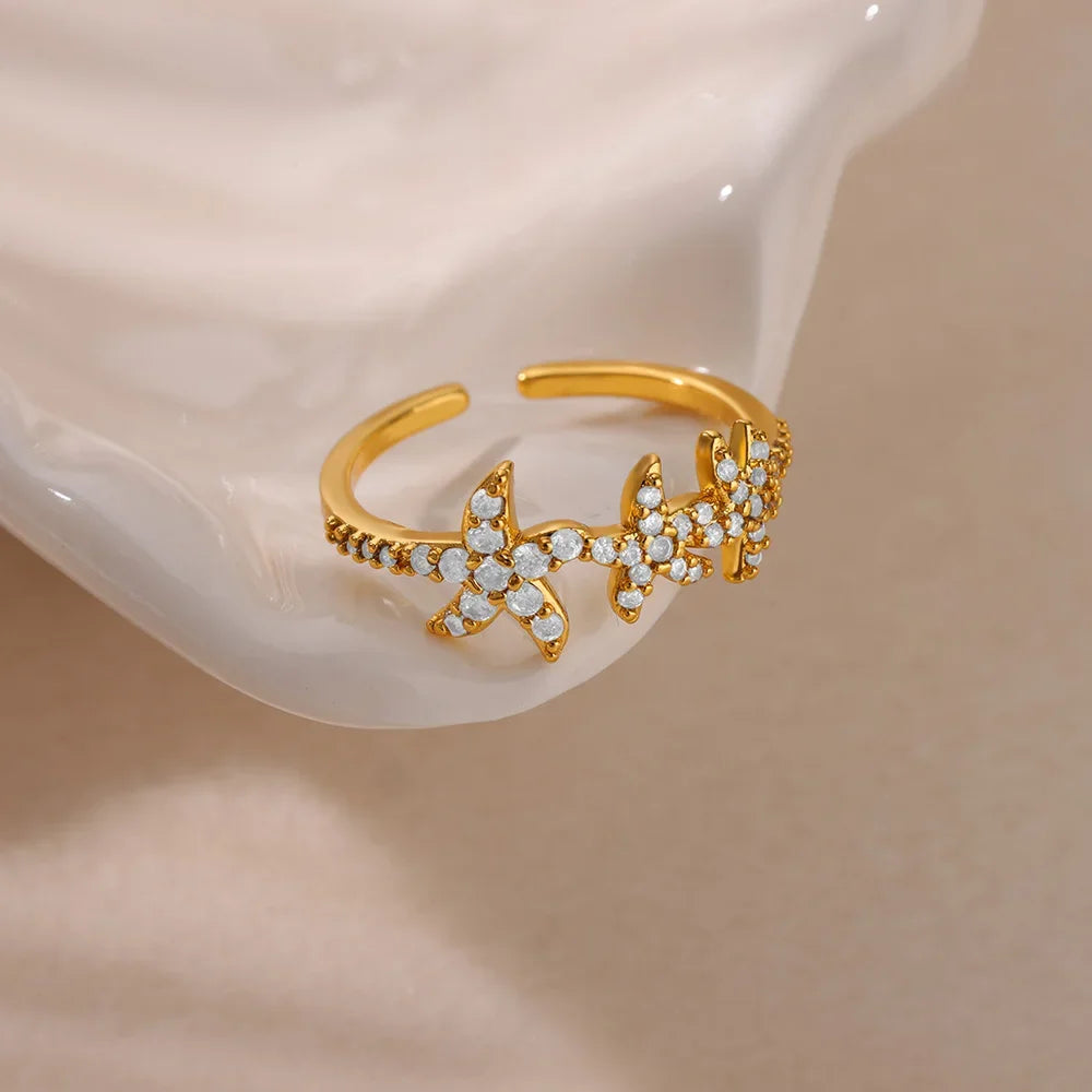 Gold Ocean Starfish & Shell Open Ring - Piña Colada