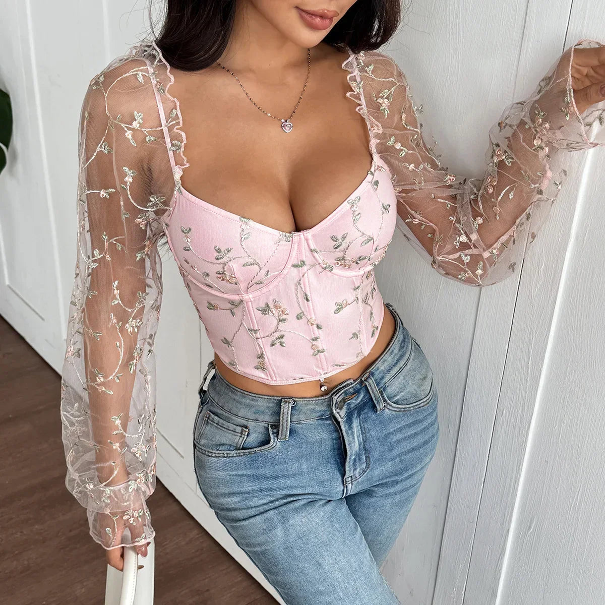 Mesh Long Sleeve Corset - Piña Colada