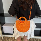 Boho Rattan Half-Moon Crossbody Bag – Handwoven Summer Straw Shoulder Purse - Piña Colada