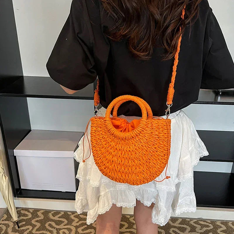 Boho Rattan Half-Moon Crossbody Bag – Handwoven Summer Straw Shoulder Purse - Piña Colada