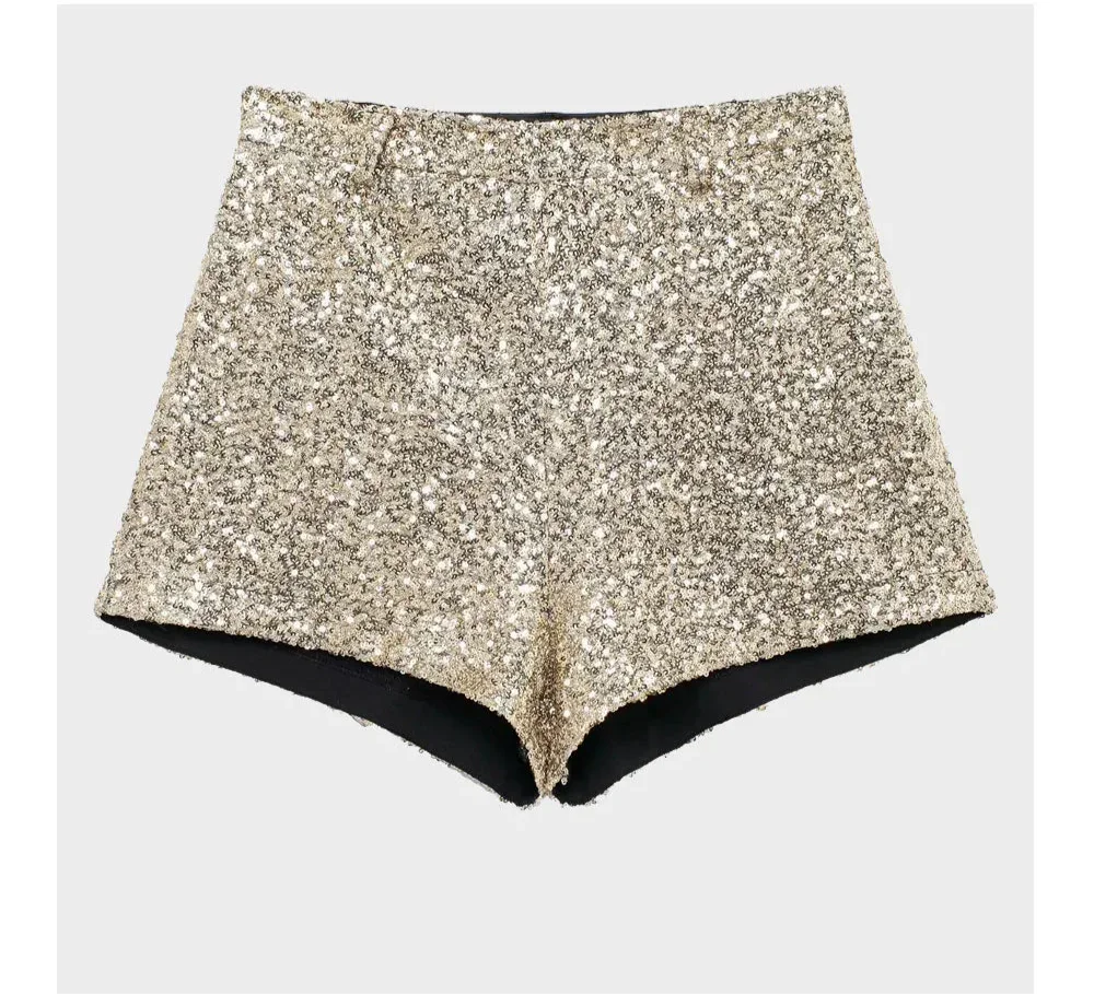 Sequins Mid-waist Casual Shorts - Piña Colada