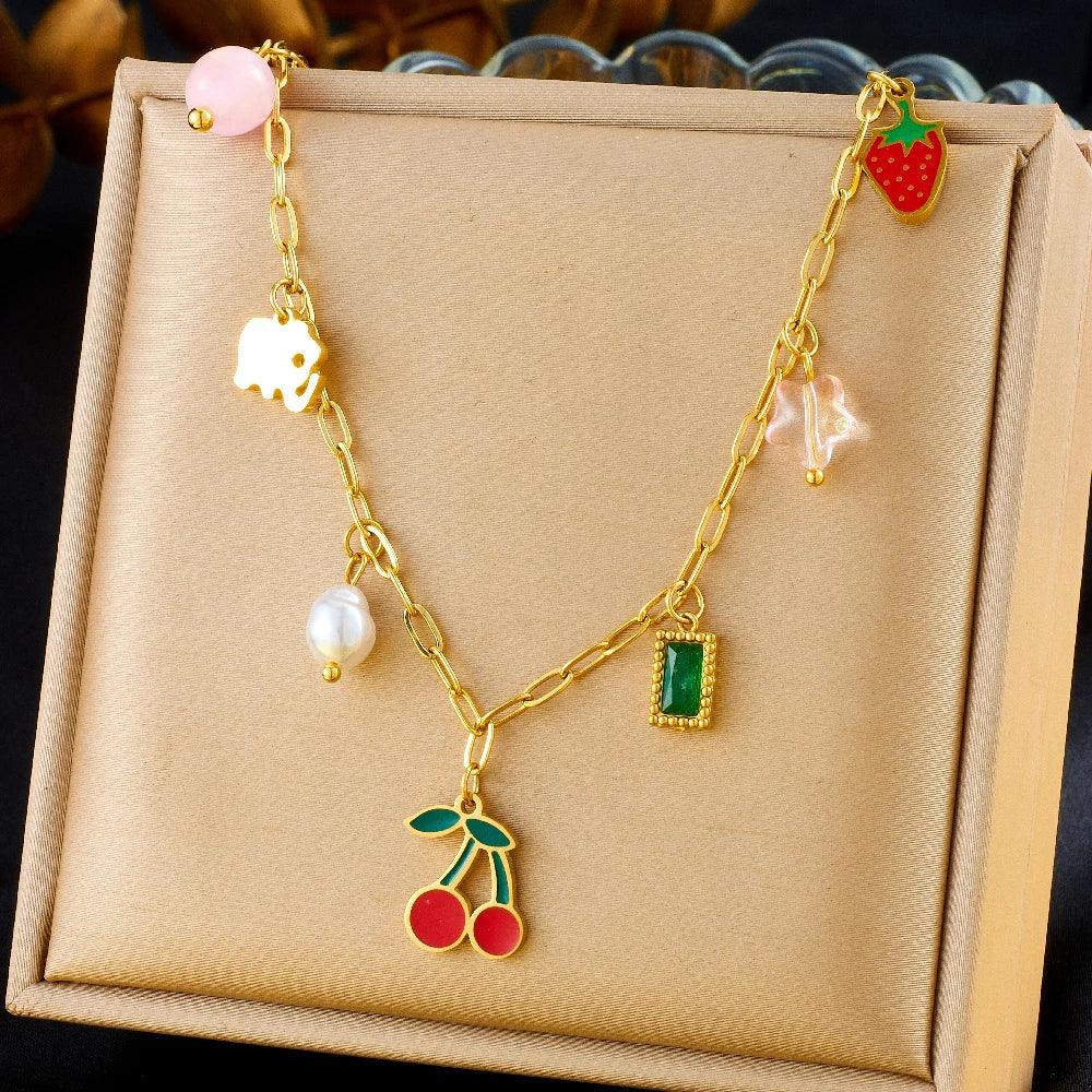 Stainless Steel Pearl Strawberry Necklace - Piña Colada