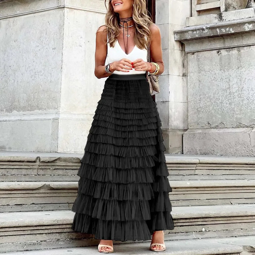 Long Skirt Tulle High Waist Pleated - Piña Colada