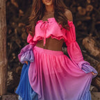 Off-Shoulder Ruffle Top & Slit Skirt Set - Piña Colada