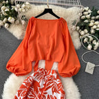 Vintage Sleeve Short Zip Up Shirt Top + Print High Waist Wide Leg - Piña Colada