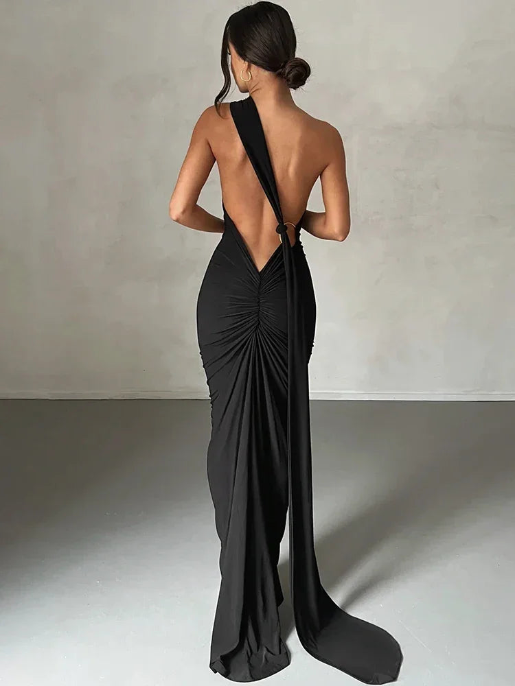 One Shoulder Backless Adjustable Scarf Maxi Dress - Piña Colada