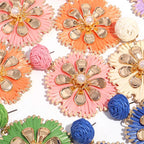 Rattan Plaited Flower Design Pearl Earrings - Piña Colada