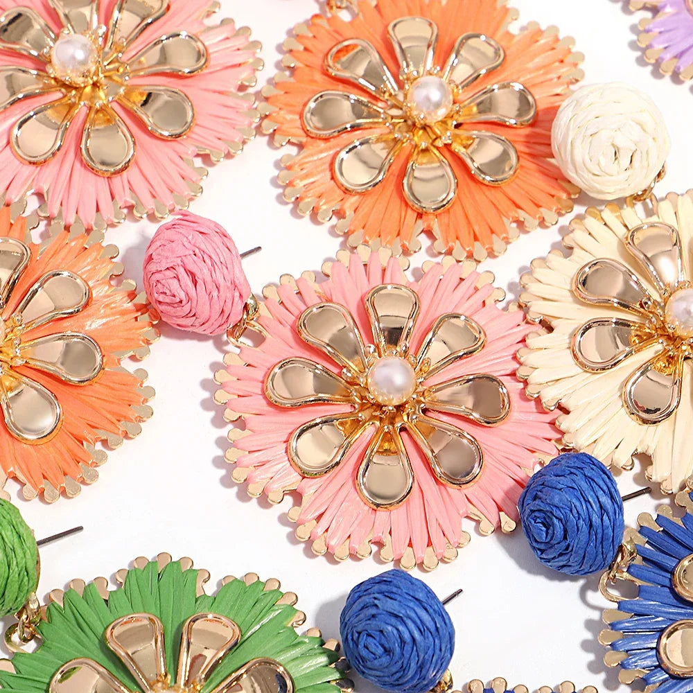 Rattan Plaited Flower Design Pearl Earrings - Piña Colada