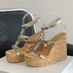 Crystal Buckle Strap Platform Wedge Sandals – Elegant Chunky Heels - Piña Colada