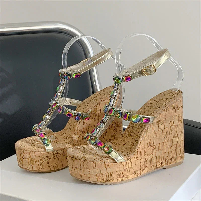 Crystal Buckle Strap Platform Wedge Sandals – Elegant Chunky Heels - Piña Colada