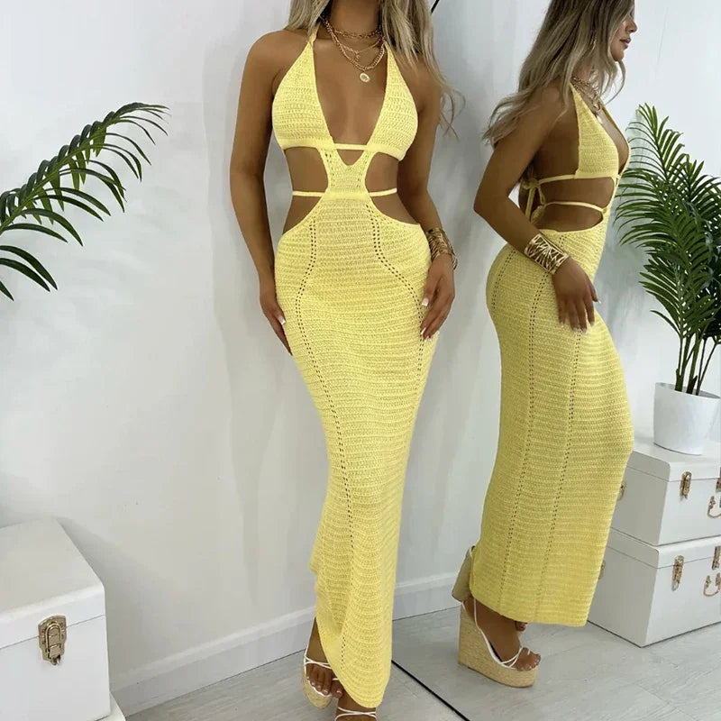 Backless Hollow-Out Knit Cover-Up Dress – Beach Vacation Style - Piña Colada