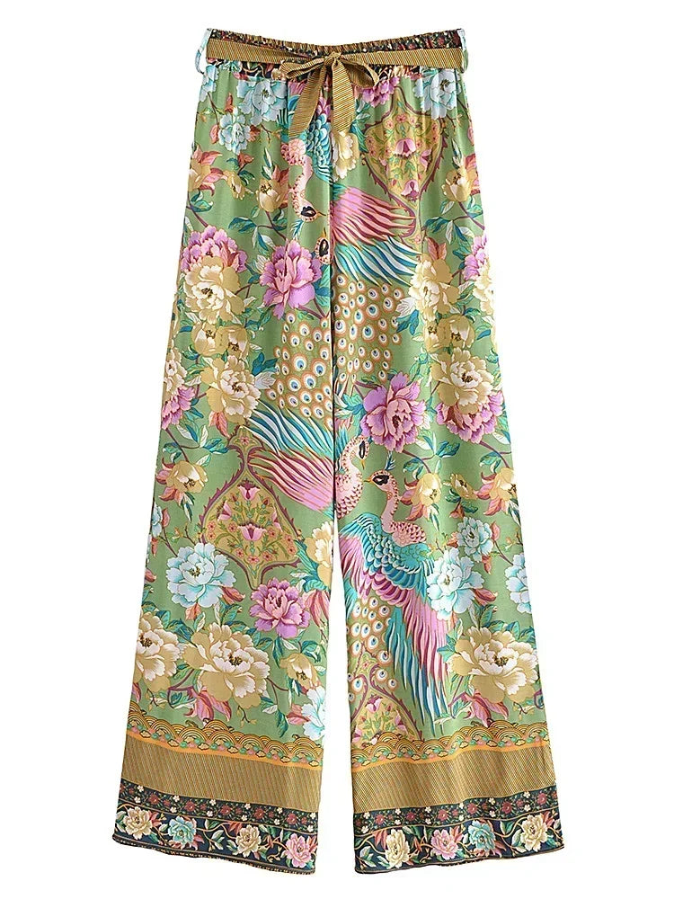 Peacock Floral Print Bohemian Wide Leg Pants - Piña Colada