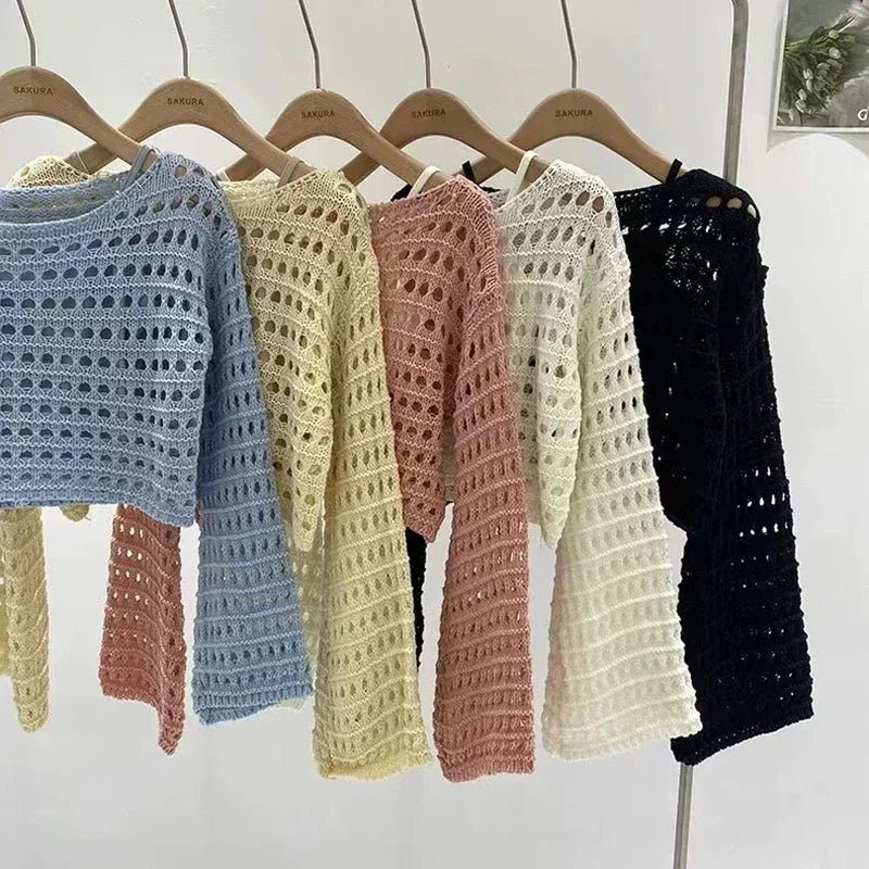 Boho Crochet Hollow-Out Knit Top – Y2K Style Long Sleeve Pullover - Piña Colada