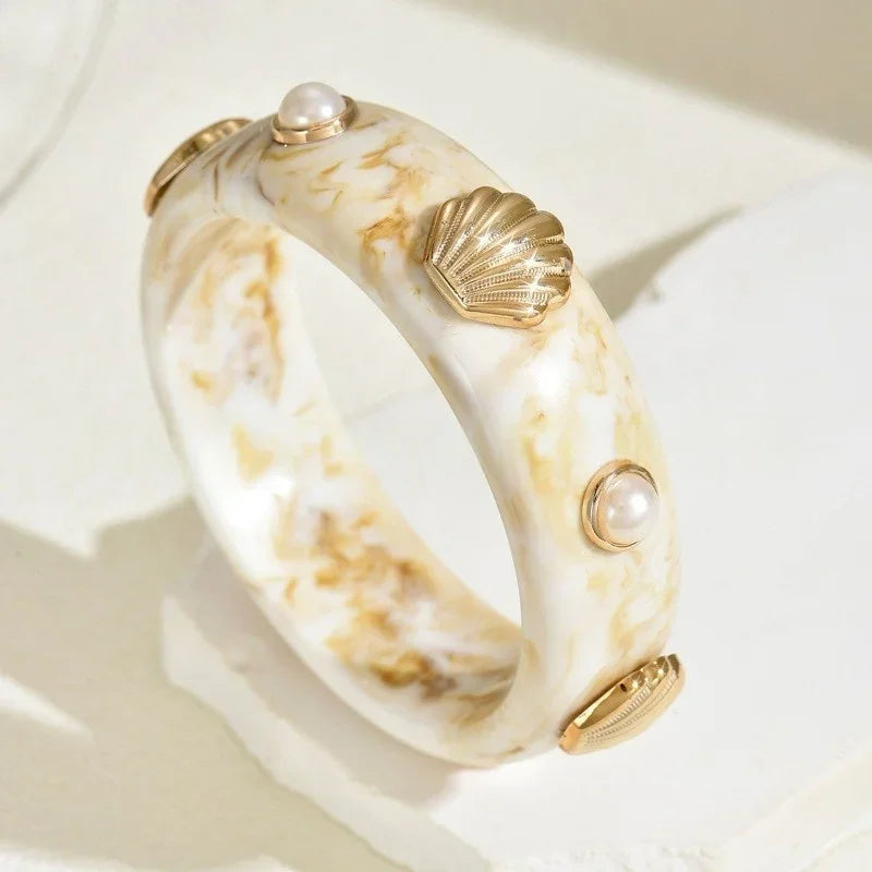 Resin Pearl Shell Wide Bangles - Piña Colada