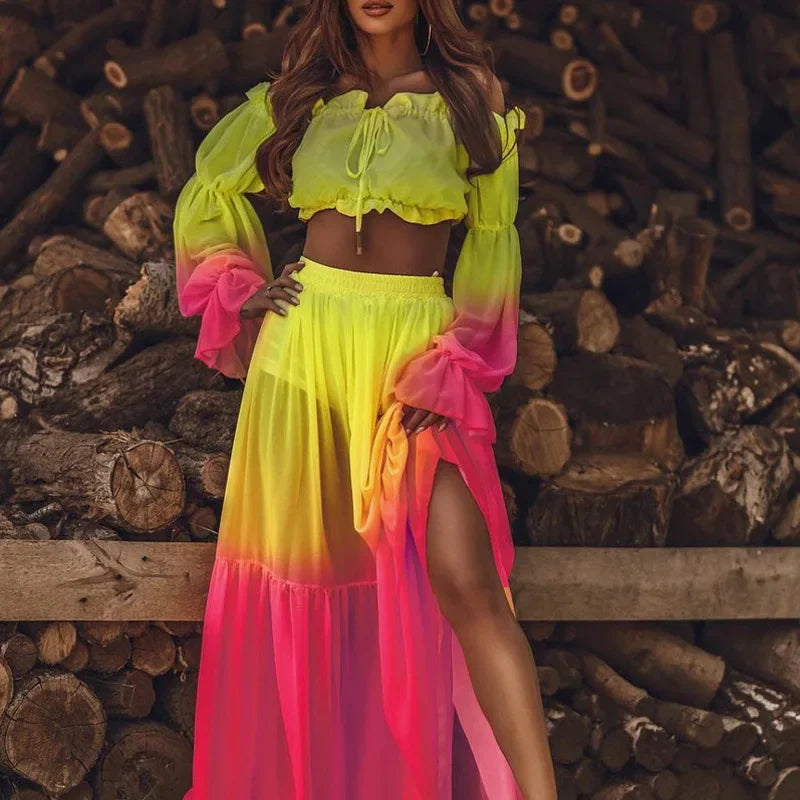 Off-Shoulder Ruffle Top & Slit Skirt Set - Piña Colada