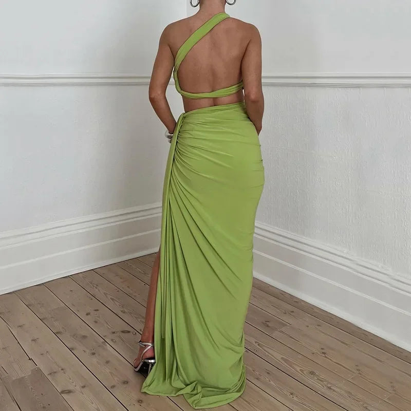 One-Shoulder Hollow Out Ankle-Length Bodycon Dress - Piña Colada