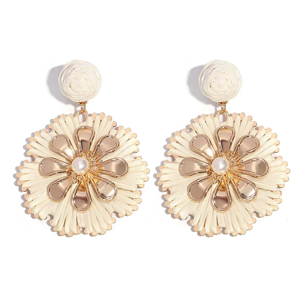 Rattan Plaited Flower Design Pearl Earrings - Piña Colada