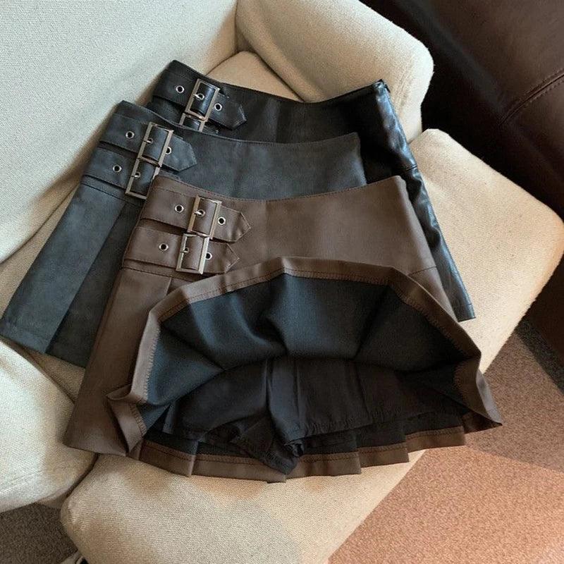 Leather Mini Skirts High Waist Pleated - Piña Colada