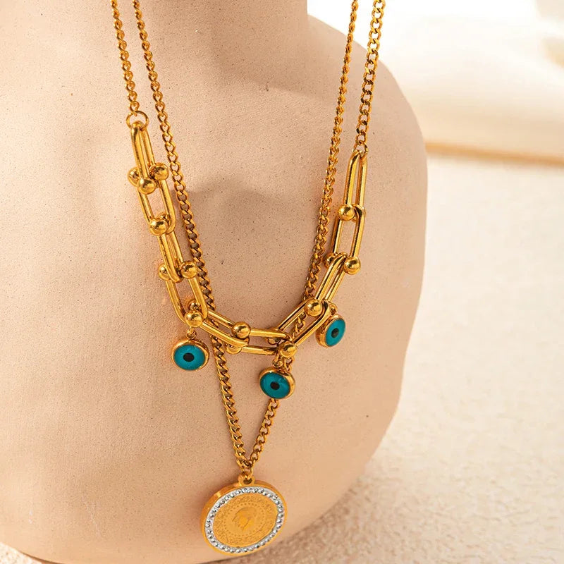 Double Layer Heart & Turquoise Evil Eye Necklace - Piña Colada