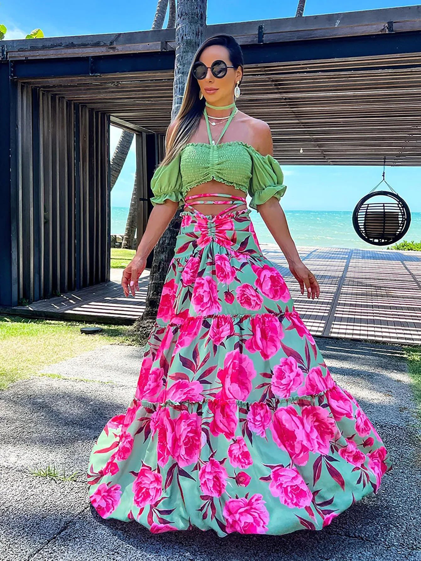 Hand-Painted Oversized 2-Piece Set – Backless Crop Top & Flowing Skirt - Piña Colada