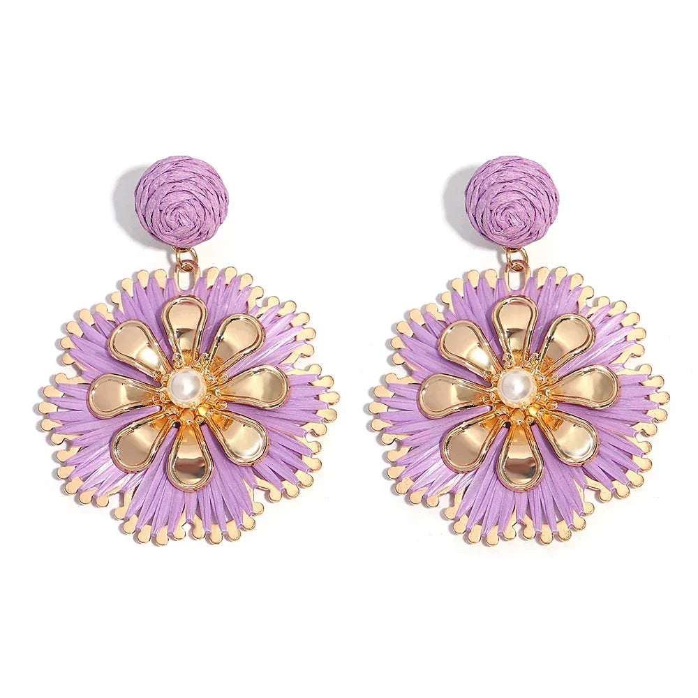 Rattan Plaited Flower Design Pearl Earrings - Piña Colada