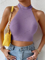 Backless Ribbed Knit Halter Crop Top – Slim Fit Casual Streetwear - Piña Colada