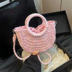 Boho Rattan Half-Moon Crossbody Bag – Handwoven Summer Straw Shoulder Purse - Piña Colada