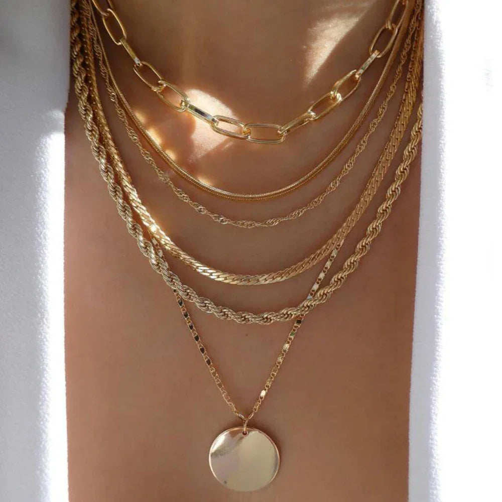 Boho Multi-Layer Gold Crystal Pendant Necklace Set - Piña Colada