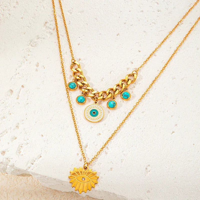Double Layer Heart & Turquoise Evil Eye Necklace - Piña Colada