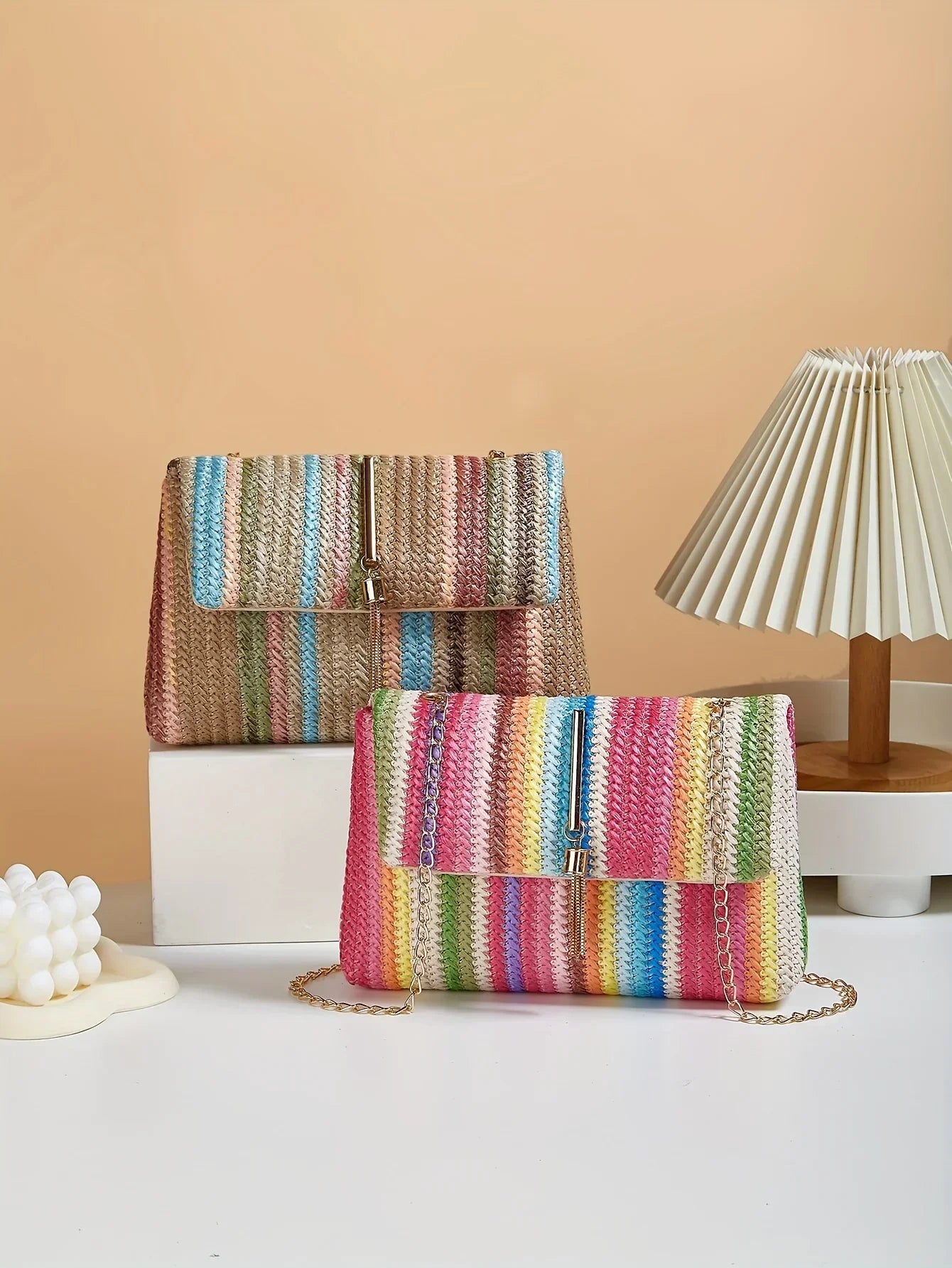 Chic Rainbow Stripe Straw Crossbody - Piña Colada