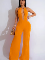 Elegant Halter Deep V Backless Cutout Wide Leg Jumpsuits - Piña Colada