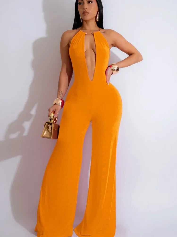 Elegant Halter Deep V Backless Cutout Wide Leg Jumpsuits - Piña Colada