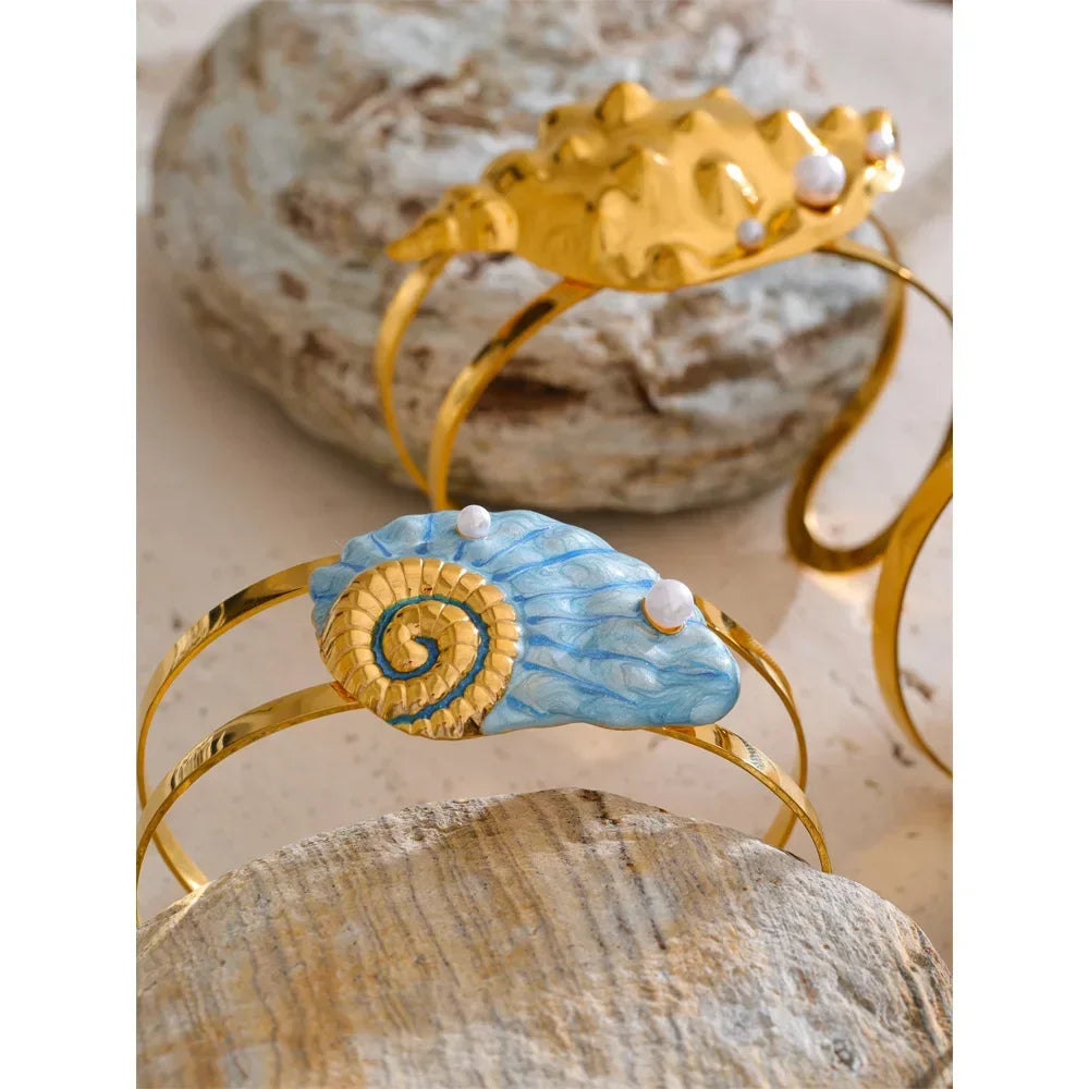 Conch Turtle Shell Wide Cuff Bracelet - Piña Colada