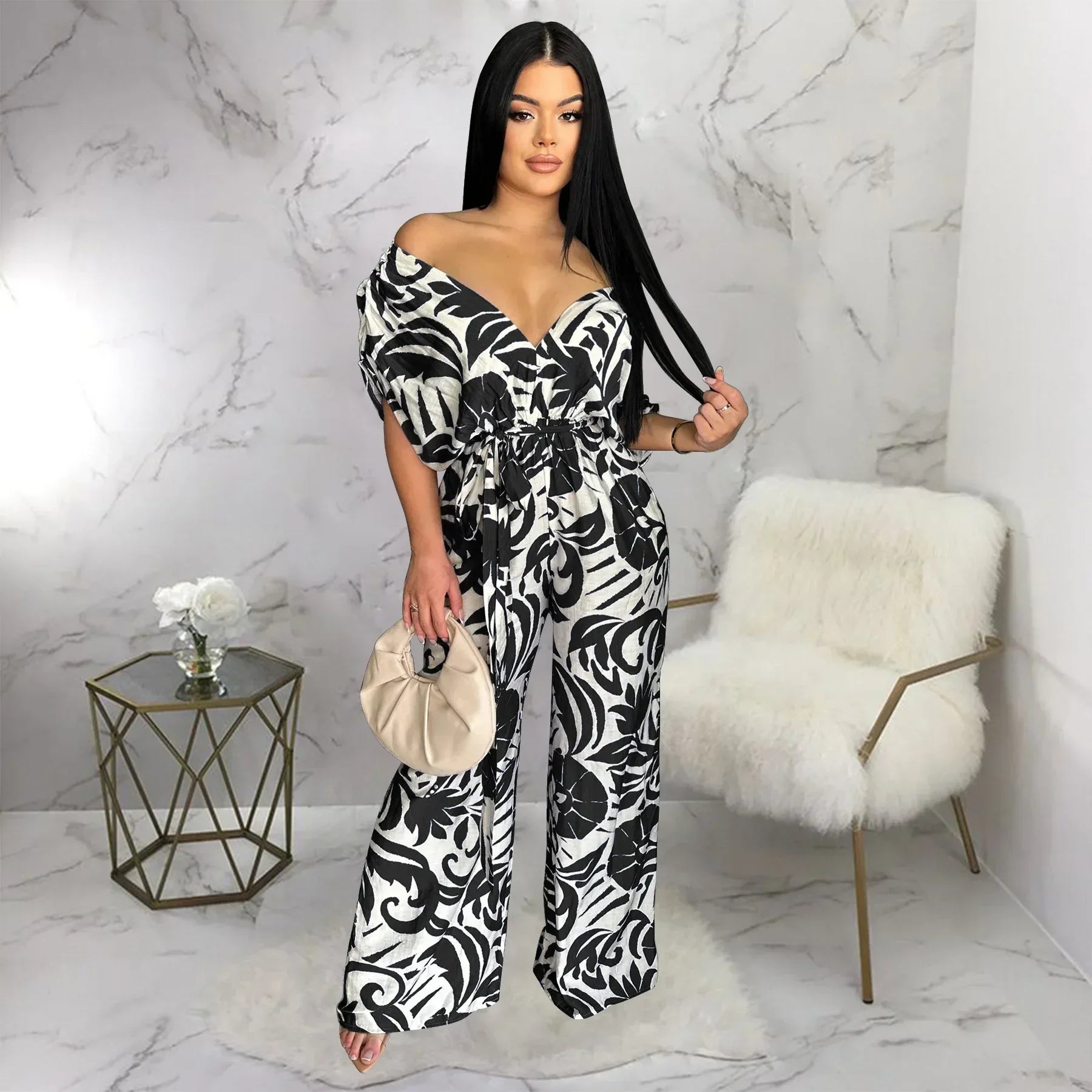 Women Leaf Printed Vintage Short Sleeve Wide Leg Jumpsuits - Piña Colada