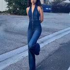 Slim Fit High Waist Denim Jumpsuit - Piña Colada
