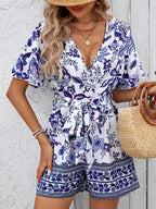 Plant Print V-Neck Jumpsuit - Piña Colada