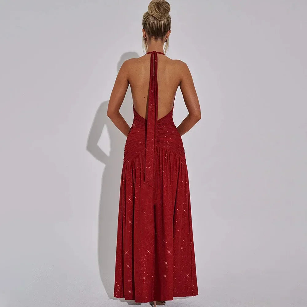 Halter Backless Silk V-neck Dress - Piña Colada