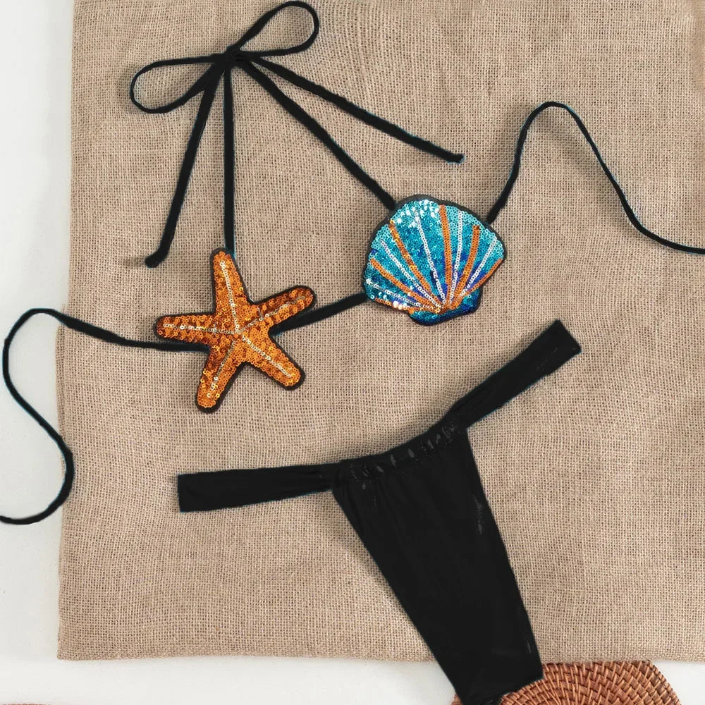 Shiny Sequin Shell Starfish Bikini Set - Piña Colada