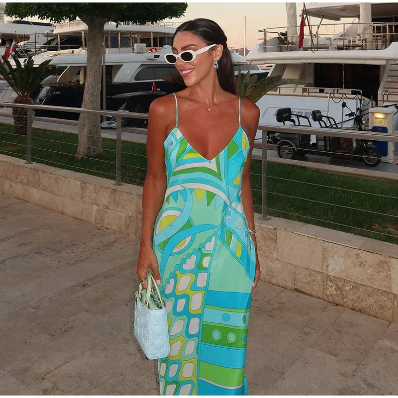 Chic Print Sling Long Dress Women Sleevless Backless - Piña Colada